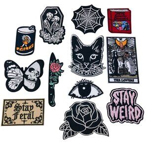 12 Assorted Gothic & Retro Embroidered Patches: Cat, Addams Family, Quirky, Dark
